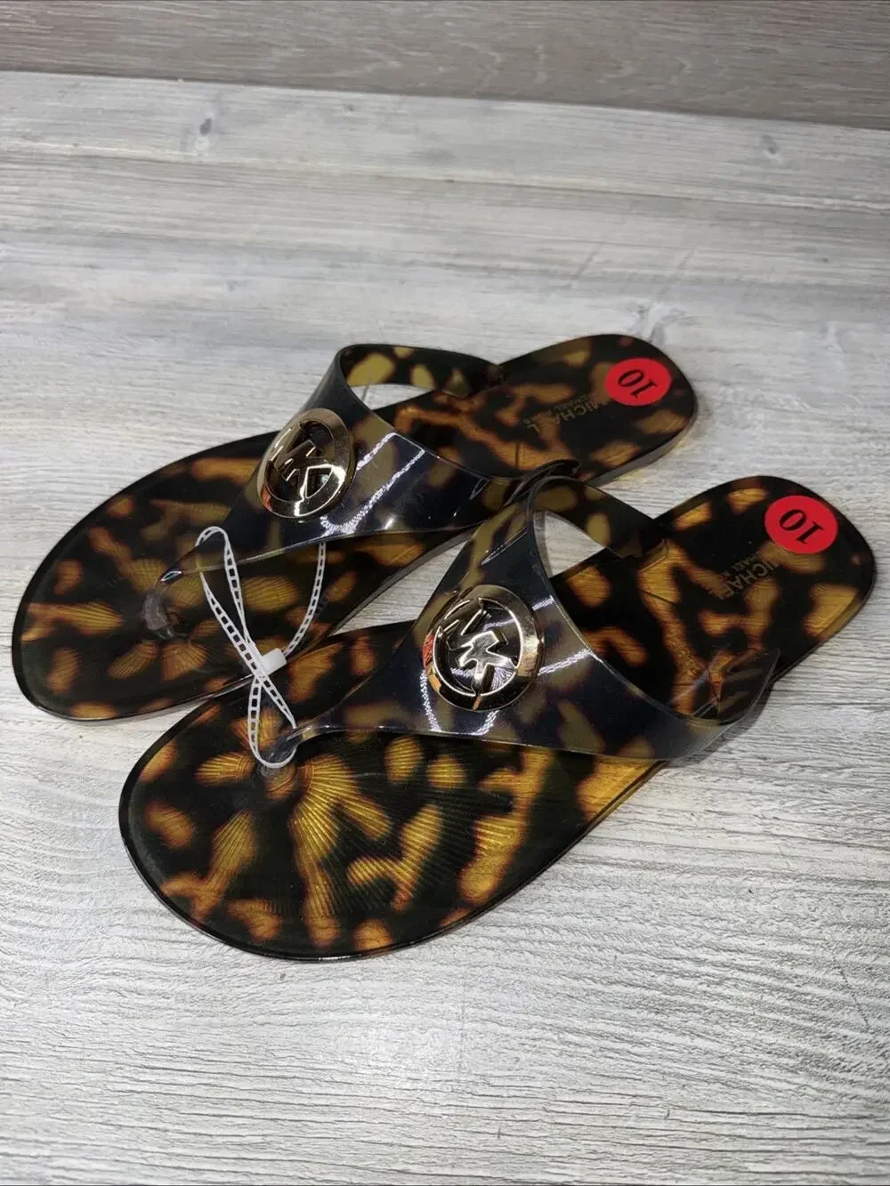 New Michael Kors Lillie Jelly Thong Tortoise Black/Brown Women's Sandals Size 10